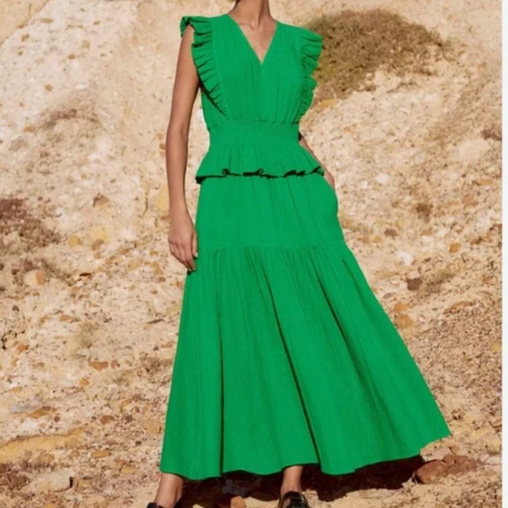 ME+EM Bright Green Ruffled Maxi Dress